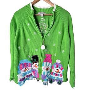 Carly St Claire Snowman Christmas Sweater Cardigan XL Green Zip Front
